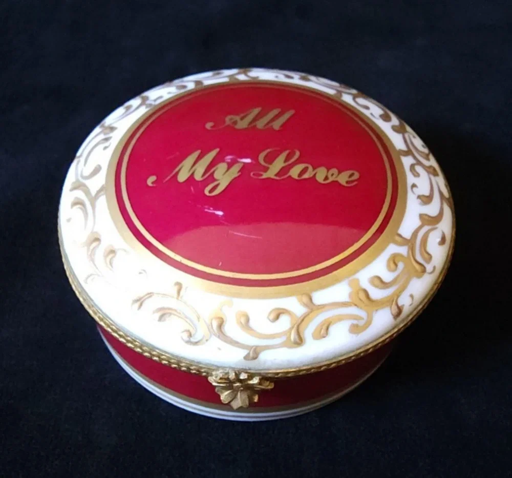 Vintage Limoges France Porcelain All My Love Dubarry Round Red Trinket Box Rare